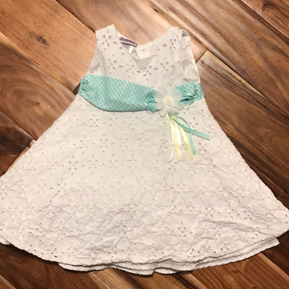 Little girls dress. White / teal. 18 months